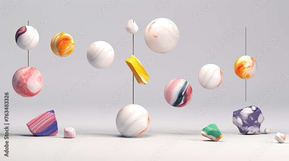 Abstract composition of different shapes and spheres. Three-dimensional scene of different objects in three-dimensional space. Graphic design.