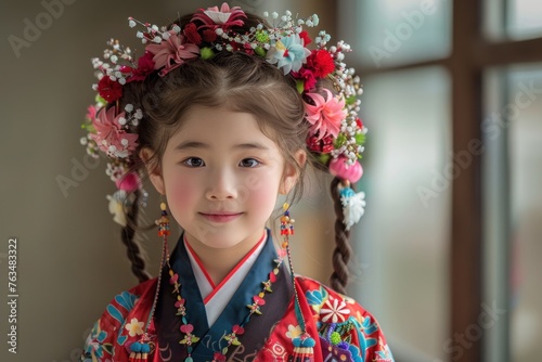 A young girl wearing a colorful flowered headdress