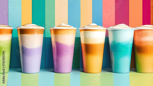 Brindis Colorido: Cocktails en Vasos de Plástico. Disfruta de una Variedad de Bebidas Refrescantes en una Paleta de Colores Vibrantes para Animar tu Fiesta photo