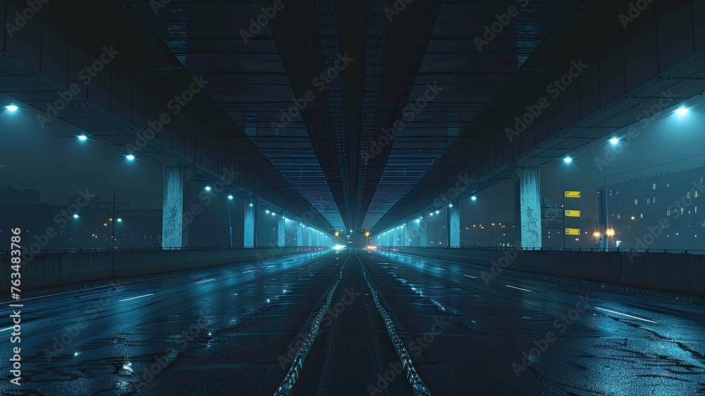 an empty asphalt road beneath an overpass, framed by the dazzling lights and architectural marvels of the cityscape at night.