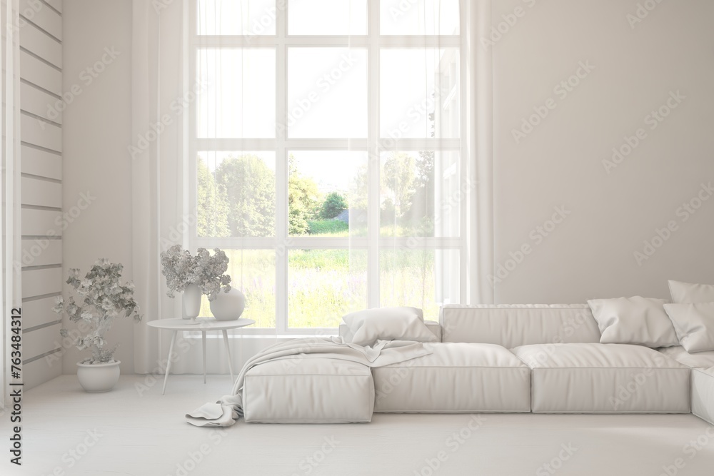 Grey living room concept with sofa and summer landscape in window. Scandinavian interior design. 3D illustration Grey living room concept with sofa and summer landscape in window. Scandinavian interior design. 3D illustration