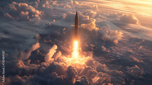 Powerful rocket pierces sunrise sky, trailing fire as it breaks through sea of clouds