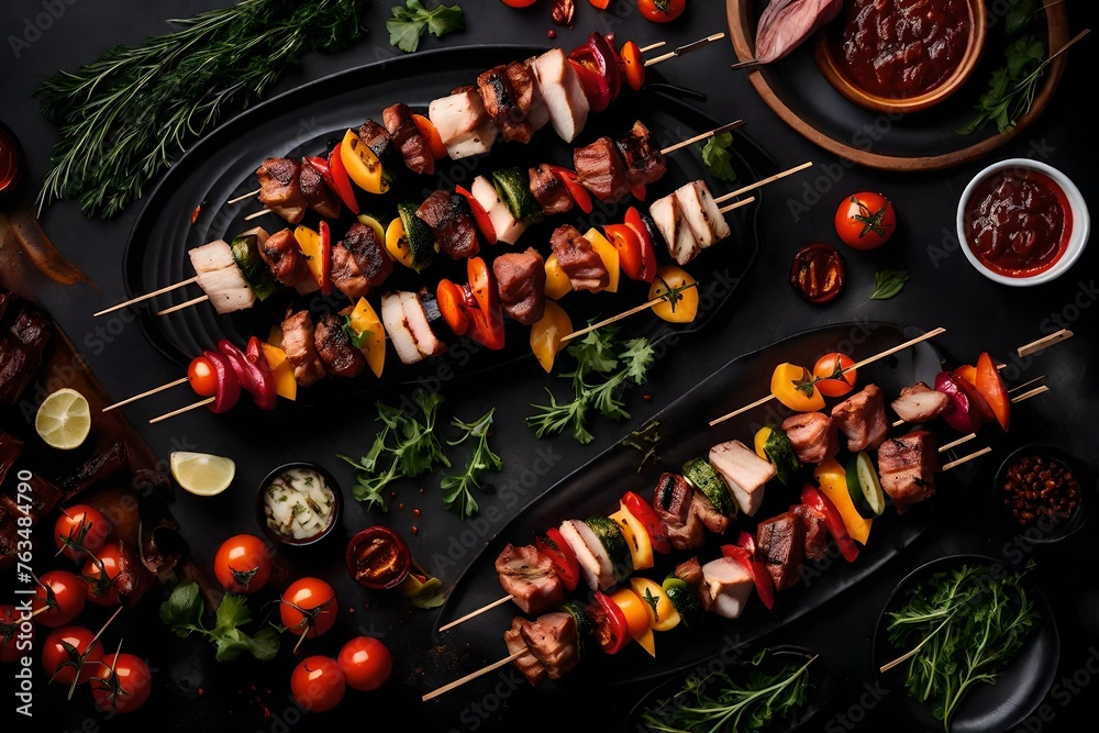 Generative AI invites you to indulge in the savory delights of grilled meat skewers, or shish kebabs, showcased against a dramatic black background - obrazy, fototapety, plakaty 