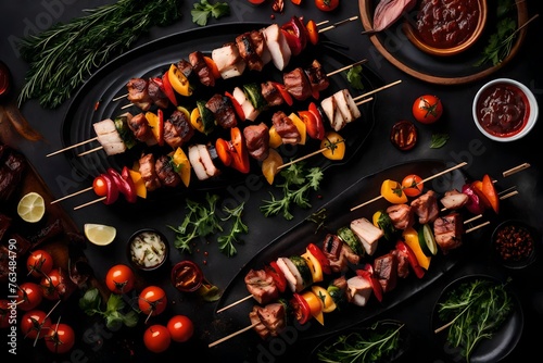 Generative AI invites you to indulge in the savory delights of grilled meat skewers, or shish kebabs, showcased against a dramatic black background