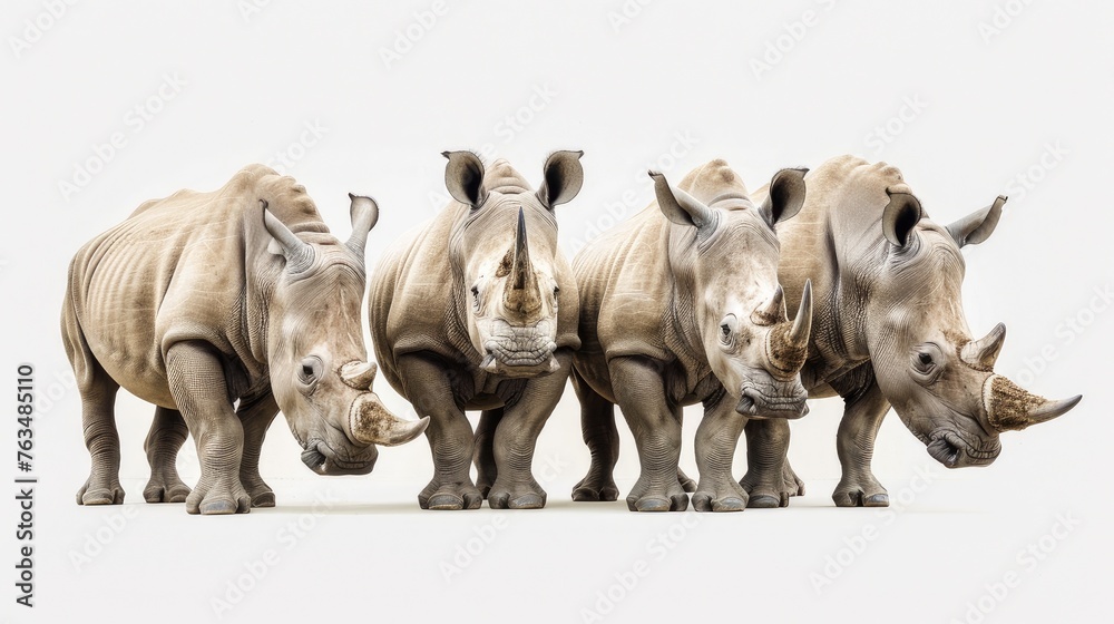 Obraz premium A majestic set of four rhinoceroses isolated on a crisp white background, highlighting the beauty and power of these endangered creatures