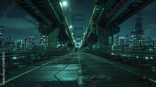 an empty asphalt road beneath an overpass, framed by the dazzling lights and architectural marvels of the cityscape at night.