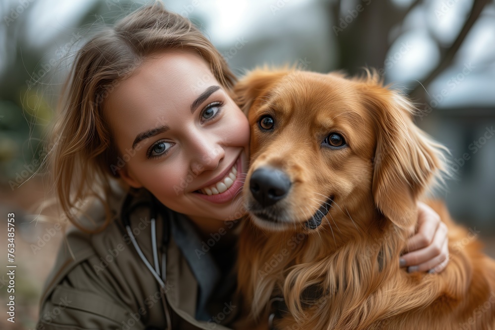 A heartwarming moment as a woman shares a loving embrace with her loyal golden retriever amidst a serene natural backdrop
