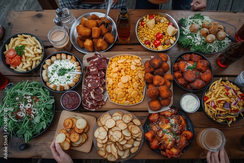 An overhead shot displays a variety of foods including snacks, meats, and fried items on a rustic wooden table