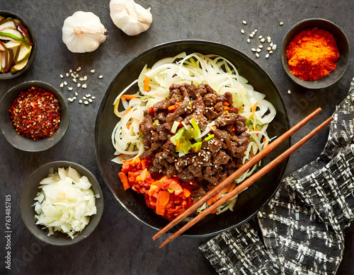 bulgogi, from Korean cuisine, beef cut into strips and marinated with soy sauce, sugar, sesame oil and garlic and cooked on the grill, in the oven or in a frying pan. served with vegetables and rice