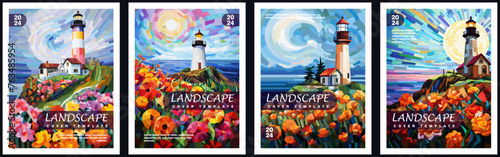 Set of notebook or diary cover backgrounds. Landscapes with a lighthouse.