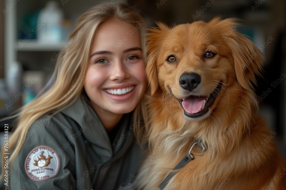 Engaging photo of a smiling woman enjoying the company of a happy golden dog against a blurred background Engaging photo of a smiling woman enjoying the company of a happy golden dog against a blurred background