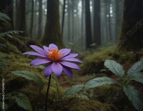 Solitary purple flower blooming in a misty forest with lush greenery and soft natural lighting.