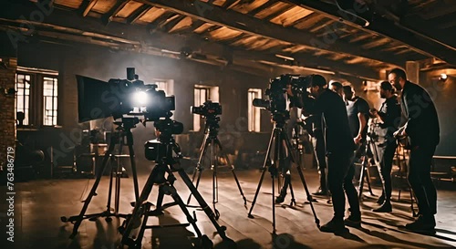 Audiovisual team with equipment recording a scene. photo