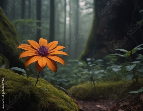 Solitary purple flower blooming in a misty forest with lush greenery and soft natural lighting.