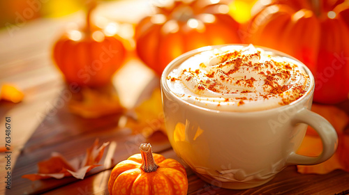 A cozy photo of a hot drink - pumpkin latte with whipped cream