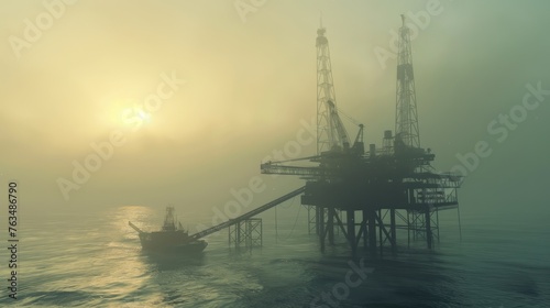 a giant oil rig towering over the vast expanse of the Arabian Sea against the backdrop of a fiery sunset.