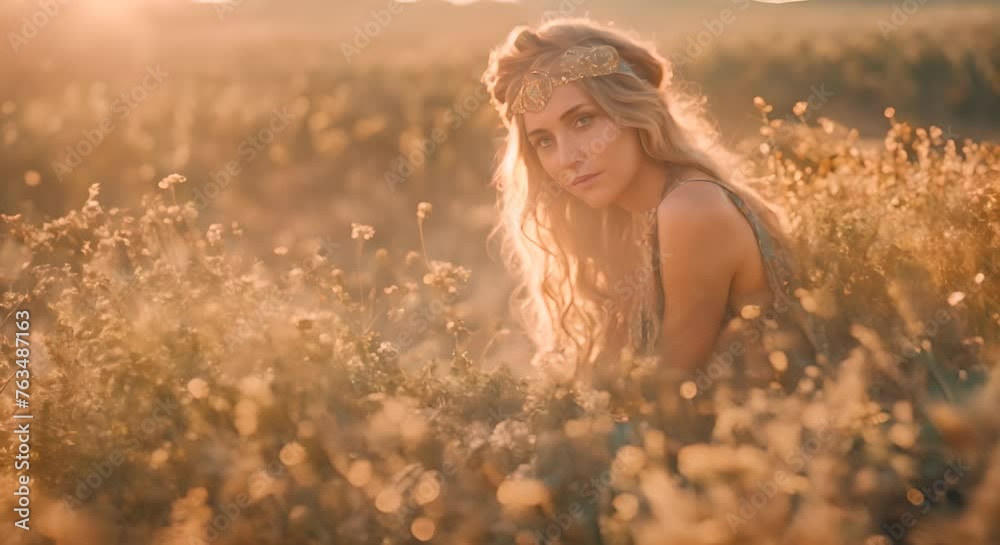 Portrait of a hippie woman in the field. Portrait of a hippie woman in the field.