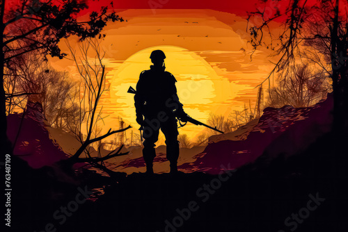 A man is standing in a forest with a gun. The sky is orange and the sun is setting