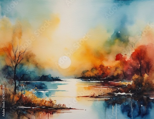Abstract watercolor landscape with vibrant sunset colors reflecting on water, artistic background. © Liera