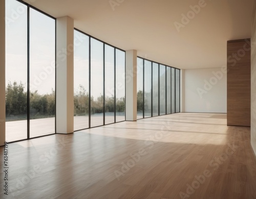 Modern empty room with large windows, natural light, and wooden floor, overlooking a serene outdoor scene.