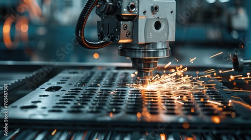 Metal laser cutting machine head with sparks in industrial background. AI generated image