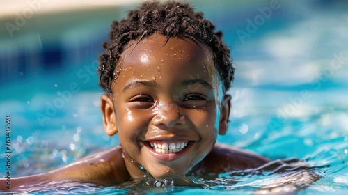 Portrait a happy smiling child in the swimming pool at sunny day. AI generated image