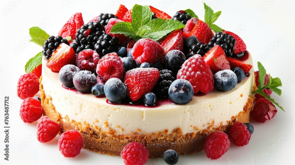 A delectable cheesecake set adorned with fresh berries and mint, enticingly isolated on a pristine white background, perfect for dessert lovers. A delectable cheesecake set adorned with fresh berries and mint, enticingly isolated on a pristine white background, perfect for dessert lovers.