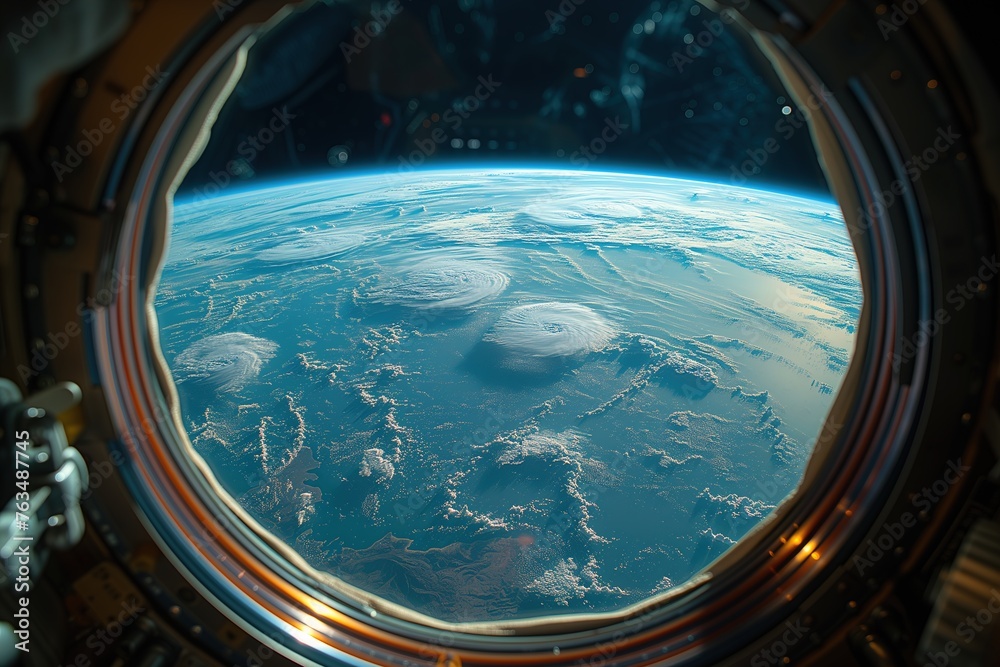 The curvature of Earth surrounded by the blue hue of atmosphere captured from a space station window