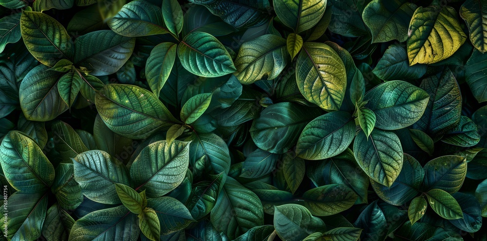 A detailed view of numerous green leaves bunched together, showcasing their texture and vibrant color