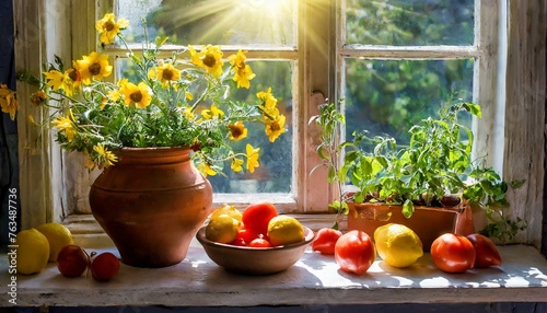 Fene  tre avec pot de terre  tomates  fleurs coupe  es  citrons sur le rebord de la fene  tre