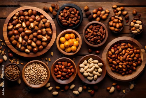 dry fruits background, Generative AI presents an inviting display of assorted nuts, a vegetarian delight served in rustic wooden bowls, captured from a top-down perspective