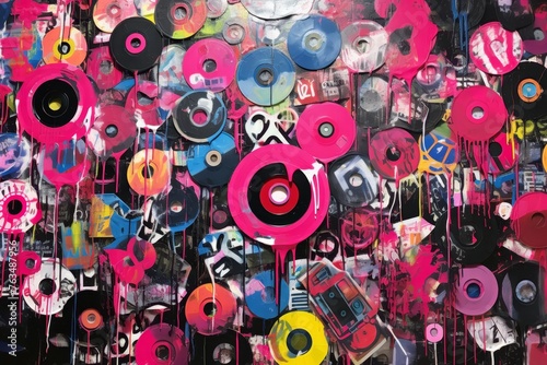 Grunge inspired collage vinyl records pop art graffiti in vibrant colors, a burst of creativity