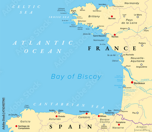 Bay of Biscay, also known as Gulf of Gascony, political map. Gulf of the northeast Atlantic Ocean, lying south of the Celtic Sea, along the western coast of France and the northern coast of Spain. photo