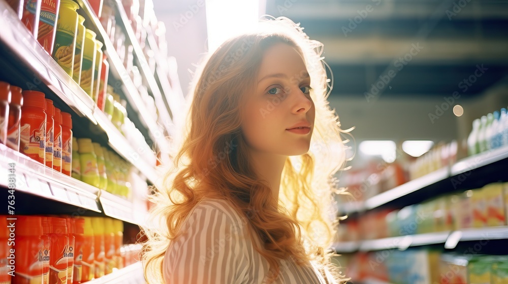 Portrait of Young Woman Backlit in Supermarket