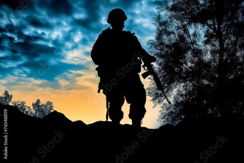 A soldier stands in the woods at dusk. The sky is dark and cloudy, and the trees are silhouetted against the sky. Scene is somber and reflective, as the soldier stands alone in the wilderness