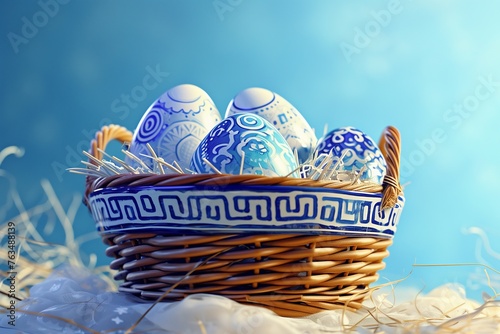 A Mediterranean-inspired Easter basket with eggs adorned with blue and white patterns reminiscent of Greek pottery, set against a bright, Mediterranean sea blue background.
