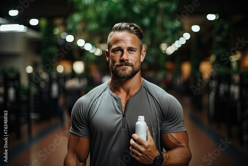 Fitness Trainer Holding Deodorant Bottle, Jim Gym Background photo