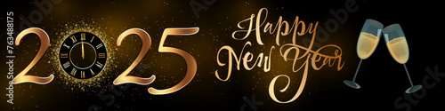 card or banner to wish a happy new year 2025 in gold the 0 is replaced by a clock and on the right two flutes of champagne on a black and brown gradient background
