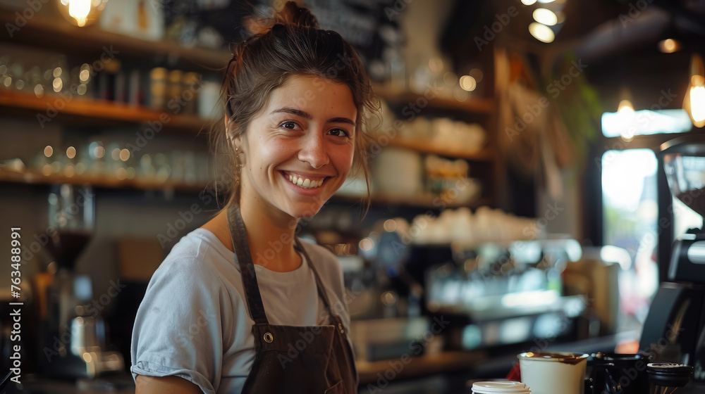 young smiling happy female barista in apron serving a cup of coffee to go at the bar counter of a cafe, woman, girl, coffee shop, drink, restaurant, employee, waiter