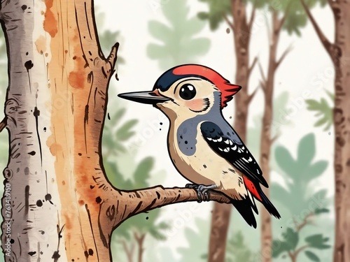 Charming woodpecker cartoon style animal in the forest - Generated by Generative AI photo