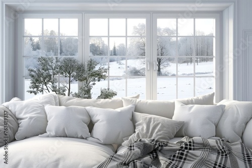 White living room interior with sofa and winter landscape in window. Scandinavian home design.