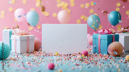 a birthday party with balloons , gifts , confetti and a white card