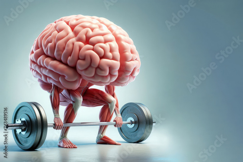 The brain is trying to lift the barbell, against a clear background. Space for text.