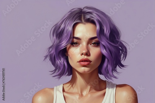 Fashion Model Portrait with Stylish purple Hair on Lilac Background