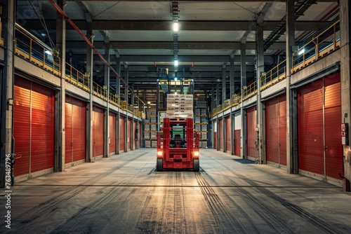 Forklift operator in red uniform and helmet at work in warehouse 
