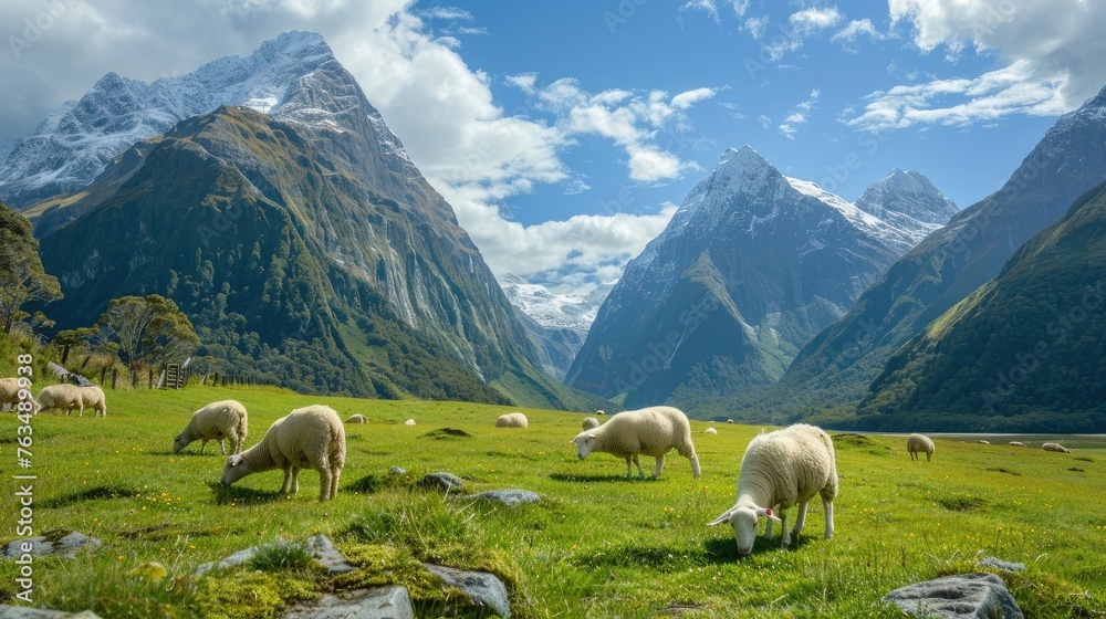 Fototapeta premium sheep grazing peacefully on lush green grass amidst the majestic mountains of New Zealand's North Island.