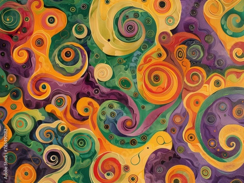 An abstract painting featuring vibrant circles and swirling shapes in various colors, creating a dynamic and energetic composition
