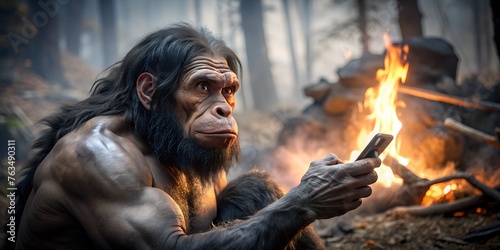 prehistoric man with a modern smartphone in his hands, Neanderthal against the backdrop of a bonfire
