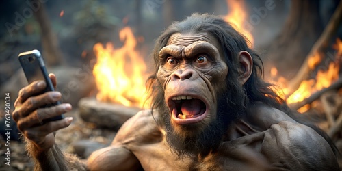 prehistoric man with a modern smartphone in his hands, Neanderthal against the backdrop of a bonfire