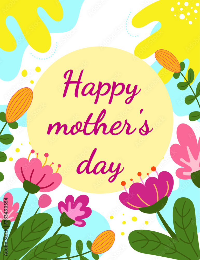 Happy mother's day. Cute card with hand drawn blooming flowers. Vector illustration on white background